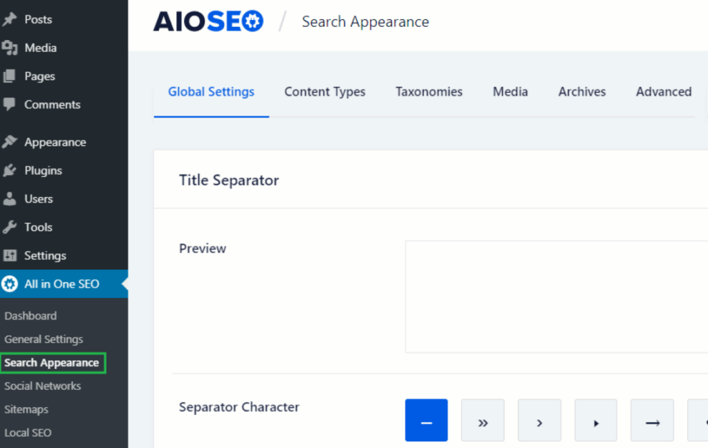 AIOSEO Search appearance settings