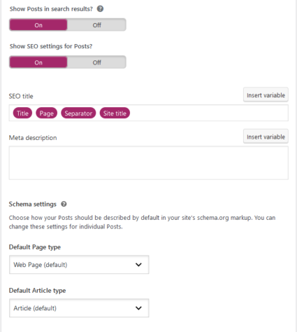 default schema settings for Yoast